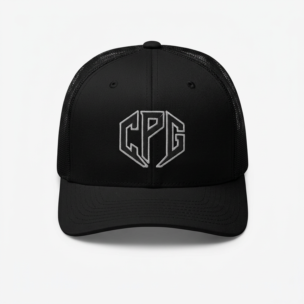 Black trucker hat front view with white background