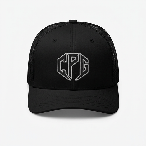 Black trucker hat front view with white background