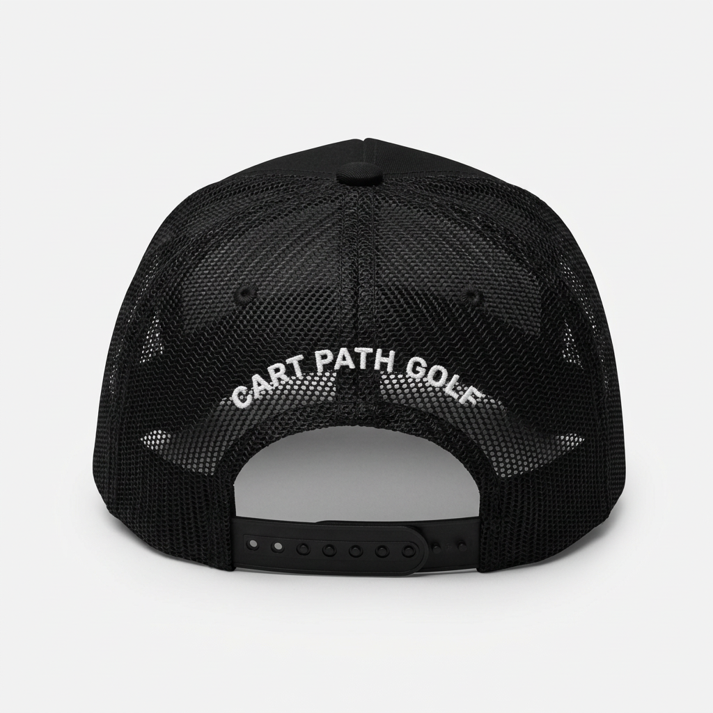 Black trucker hat rear view with white background