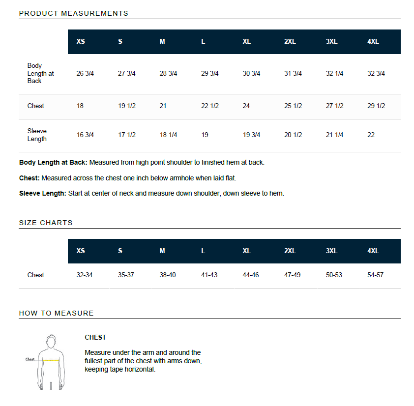 Size chart and measurement guide for Cart Path Golf Performance Polo