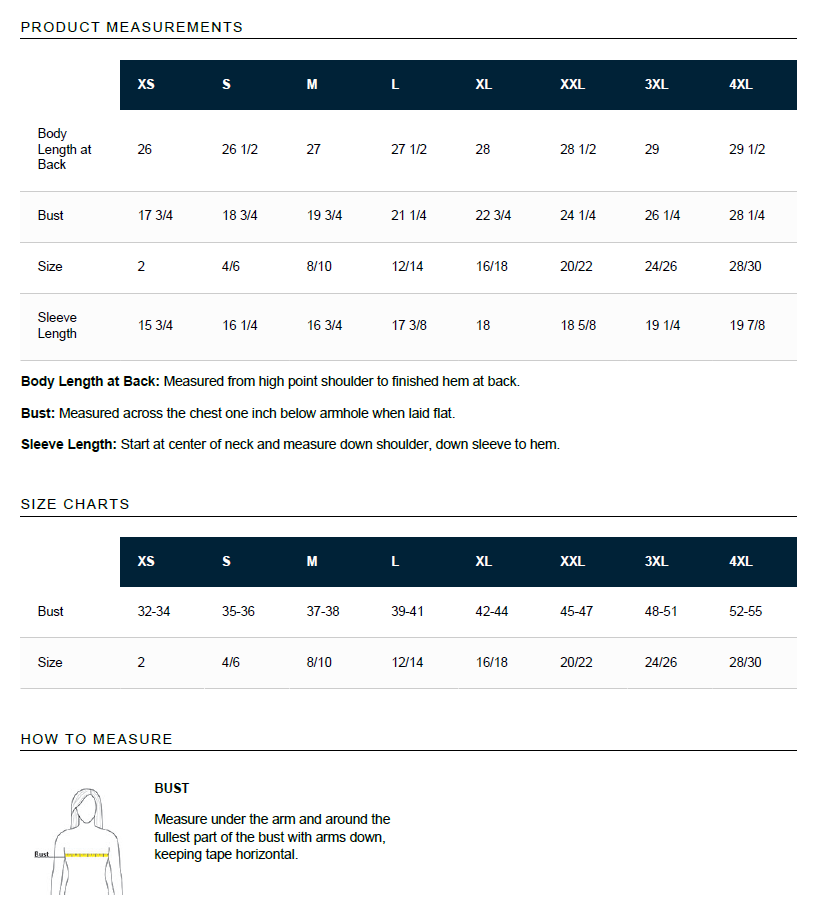 Size chart and measurement guide for Cart Path Golf Women's Performance Polo
