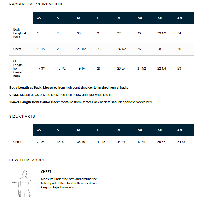Size chart and measurement guide for Cart Path Golf Eco Performance Polo
