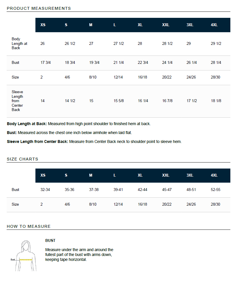 Size chart and measurement guide for Cart Path Golf Women's Eco Performance Polo
